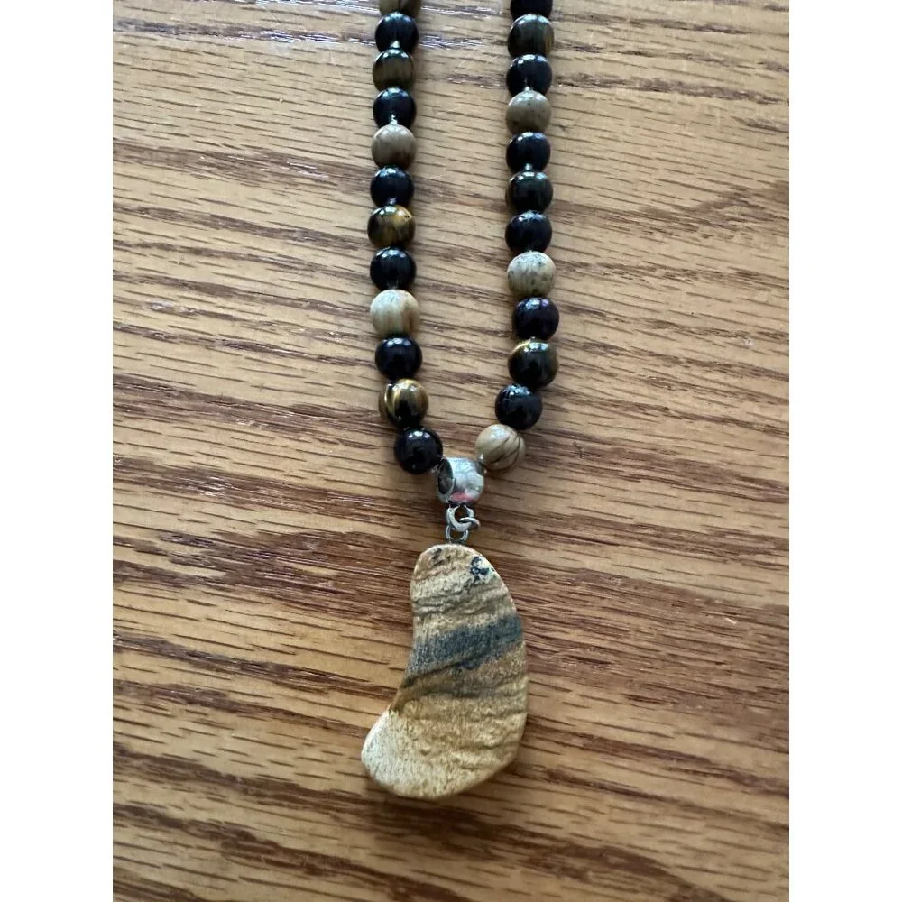 Handmade Beaded Necklace Natural Stone Pendant  Earthy Tones 18
